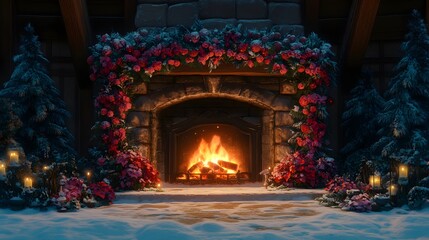 Cozy winter fireplace adorned with flowers amidst snow-covered surroundings.