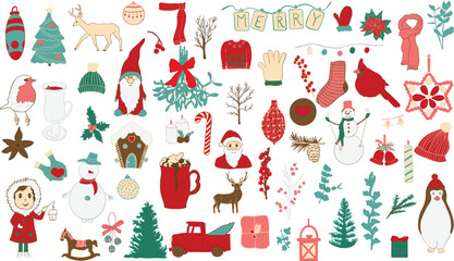 Christmas and New Year set of colorful vector illustrations Gingerbread house, Santa, candies, hot chocolate, trees, flowers, lights, winter clothing, decor and animals