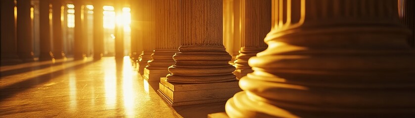 Golden hour light illuminating classical columns historical building photography warm environment low angle view architectural beauty