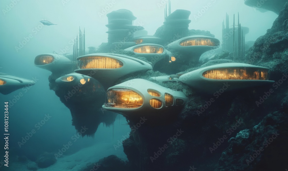 Poster otherworldly underwater city with floating architecture and luminous structures