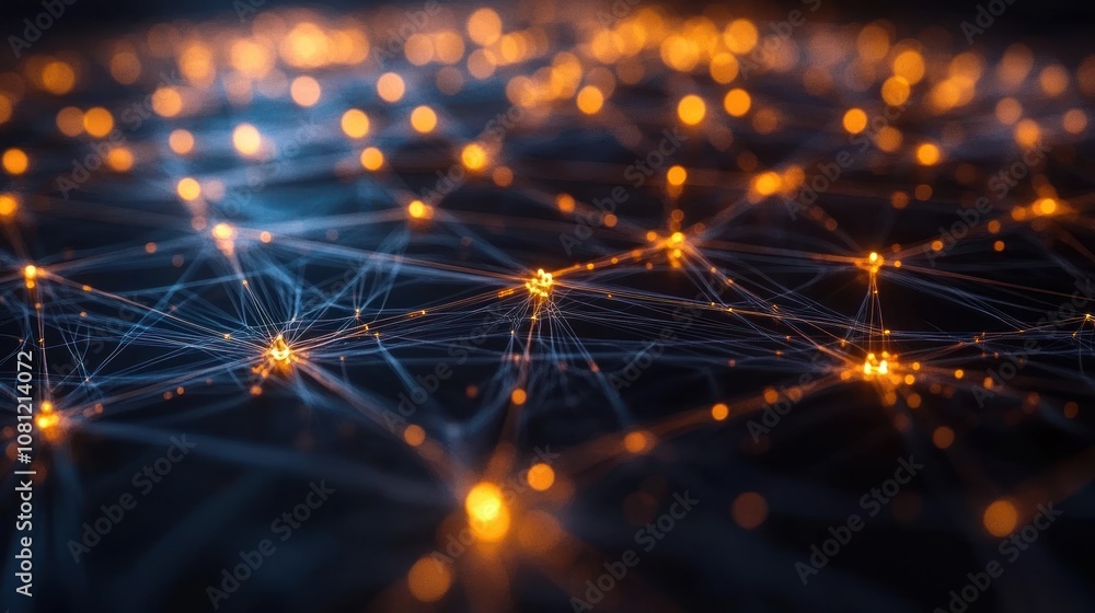 Poster abstract network with glowing nodes and connected lines on a dark background.