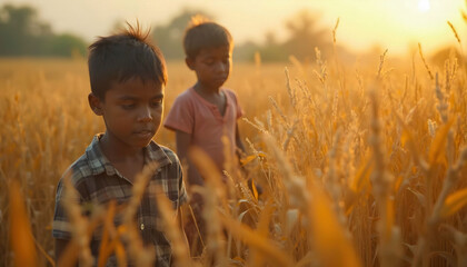 A poignant image of children working in a field, highlighting the harsh realities of child labor in agriculture and its impact on their lives