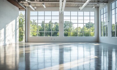 Spacious modern loft with large windows, exposed ductwork, and polished concrete floors.