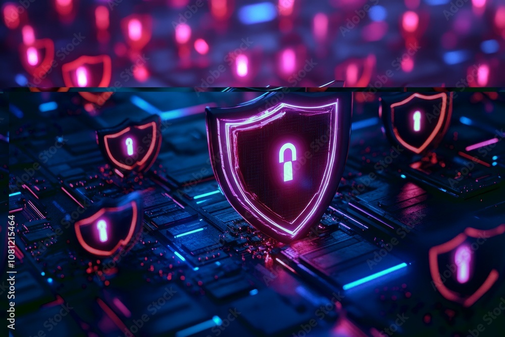 Aufkleber a glowing shield with a keyhole symbol sits on a circuit board surrounded by other shields, represen