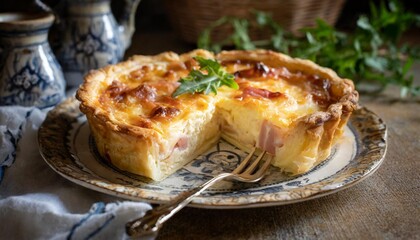 Traditional French Quiche Lorraine Filled With Smoked Bacon, Gruyere Cheese, and Fresh Herbs, Baked to a Golden Brown and Served on a Vintage Ceramic Plate