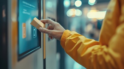 Person Using a Digital Kiosk with a Yellow Card