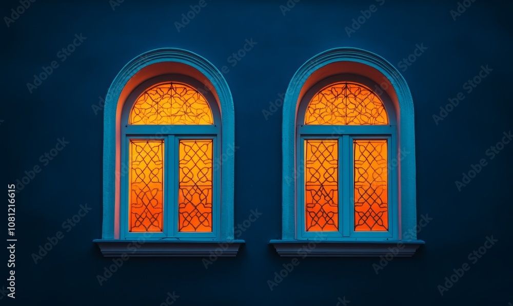 Poster two intricate arched windows with geometric patterns on a building facade, illuminated from behind w