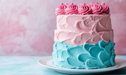 Two-tiered cake with pink and blue frosting on a white plate