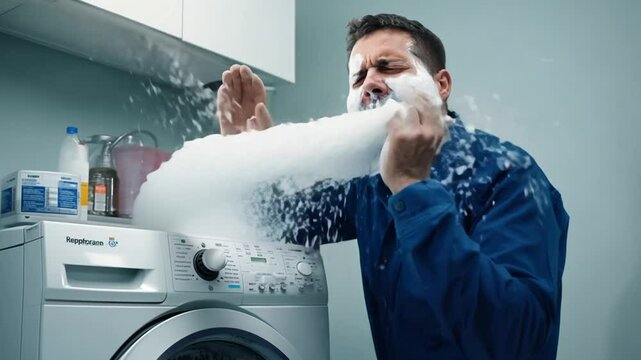 Home Appliance Repairman Humorously Reacts to Washing Machine Mishap Generative AI