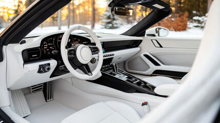 Luxurious white interior of a modern sports car with sleek design and advanced features, AI