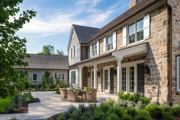 A large, two-story colonial-style home with a stone exterior and traditional architecture, featuring multiple windows on each floor. The front of the house has an elegant porch adorned with columns.