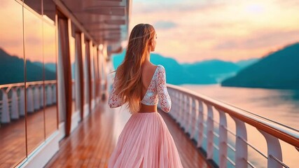 woman walking on cruise ship deck at sunset, warm light bathing the scene