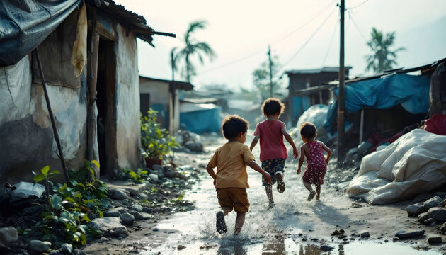 Children playing in a makeshift community, highlighting the challenges of living in inadequate conditions and the resilience of youth.
