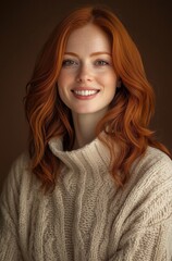 A woman with red hair is smiling and wearing a white sweater