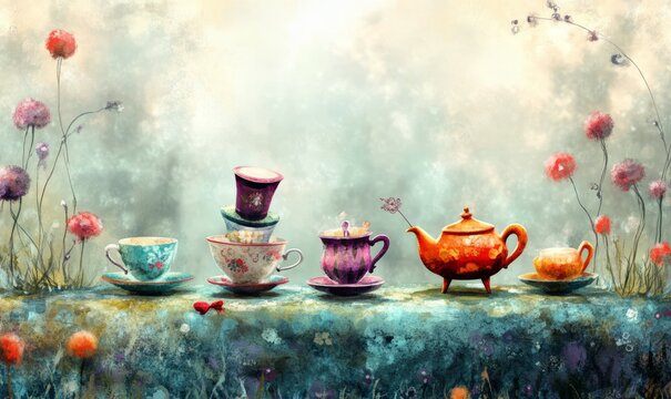 Whimsical Tea Set Banner background of Mad Hatter Day theme banner no text, and wide copy space, Whimsical Tea Set,