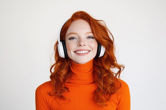 A woman with red hair is wearing headphones and smiling