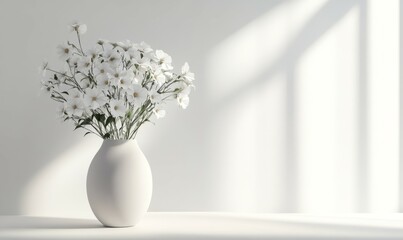 White flowers in a vase on a white background in a room. current interior decoration