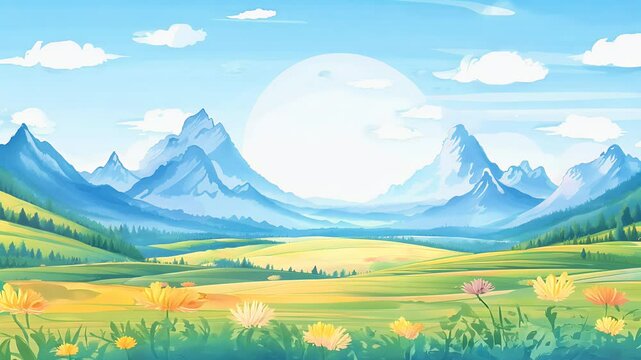 4K watercolor style cartoon landscape featuring mountains meadows clear blue sky beauty nature artistic format