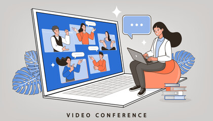 A professional woman works on her laptop, engaging in a video conference with multiple participants. The highlights the convenience of online meetings and e-learning in a digital work environment.