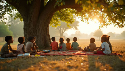 Kids attending an outdoor school under a tree, emphasizing innovative education approaches in rural areas and the importance of accessible learning