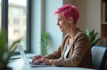 Pink haired woman with short cut working as a financial consultant consults clients online