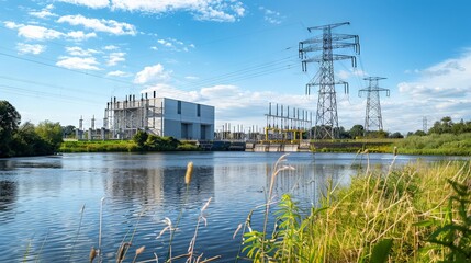 Snow-Covered Hydroelectric Power Station with Clear Blue Sky and Icy River in Winter Wonderland. Concept of Renewable Energy, Clean Power Generation, and Sustainable Engineering