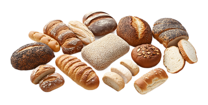 various kinds of breads isolated on white background 
