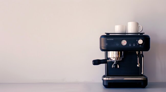 Modern Coffee Machine with Two Cups in Office Setting. Concept of Workplace Refreshment, Contemporary Office Decor, Efficient Beverage Making, Minimalist Lifestyle. Copy space