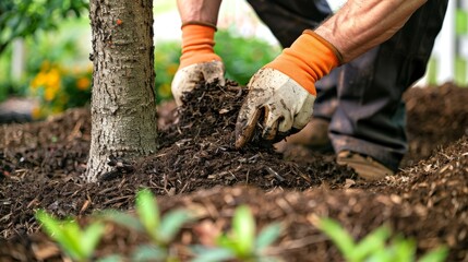 Male Gardener Spreading Mulch Around Tree Trunk. Concept of Outdoor Landscaping, Gardening, Sustainable Practices, Environmental Care