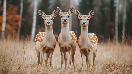 Three fawns standing gracefully in a meadow, showcasing their spotted coats.