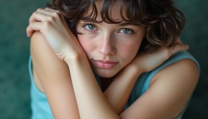 Fototapeta premium A young woman with soft, curly hair gazes directly at the camera, her arms wrapped around herself in a tender embrace. Her striking blue-green eyes and gentle expression convey a sense of