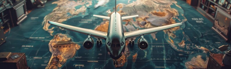 Fototapeta premium Model airplane that is flying over a map, travel concept, banner, copy space