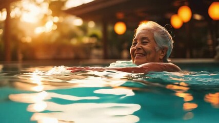 Elderly asian woman swimming at sunset, serene water and warm light. Tranquil and relaxing scene.