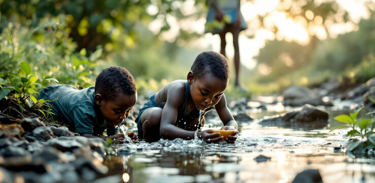 An image of children collecting water from a distant source, highlighting the challenges of accessing clean water and the daily struggles faced by communities
