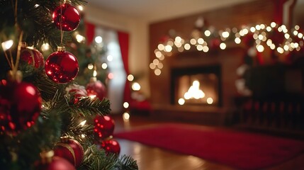 A warm and festive Christmas setting with a decorated tree and glowing fireplace.