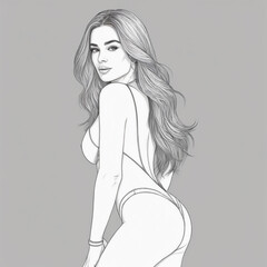 Artistic sketch of a confident woman posing elegantly in a stylish swimsuit