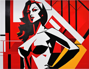 Fototapeta premium Bold red and black abstract art featuring a striking female figure in modern beauty
