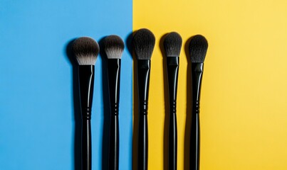 Set of makeup brushes arranged on a split blue and yellow background, showcasing beauty tools and cosmetic essentials.