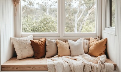 seat by side window in white room with wood seat and many pillows overlooking nature view through big windows