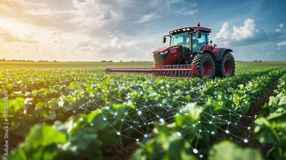 Poster red tractor working on a green field with a digital network overlay.