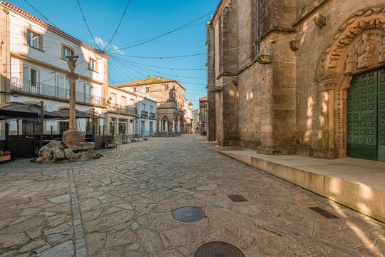 Historic street scene in Noia, Galicia with medieval architecture empty copy space