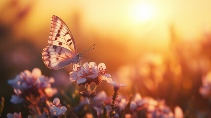 Obraz premium white butterfly rests on pink flowers at sunset. Warm colors