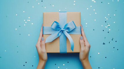 "Unwrapping Joy: A Craft Paper Gift Box with Blue Satin Ribbon"