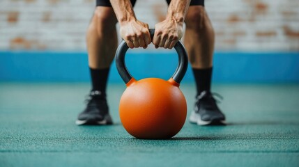Naklejka premium Fitness kettlebell cardio workout concept. Performing Kettlebell Presses with Resistance Band