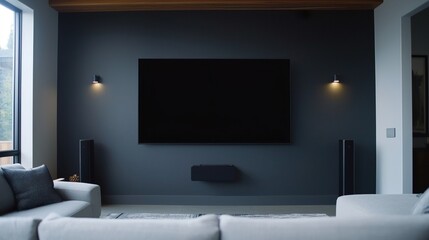 Home digital technology concept. Modern Living Room with Smart Technology Features