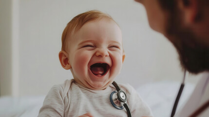 Joyful baby with pediatrician for healthcare and parenting concepts