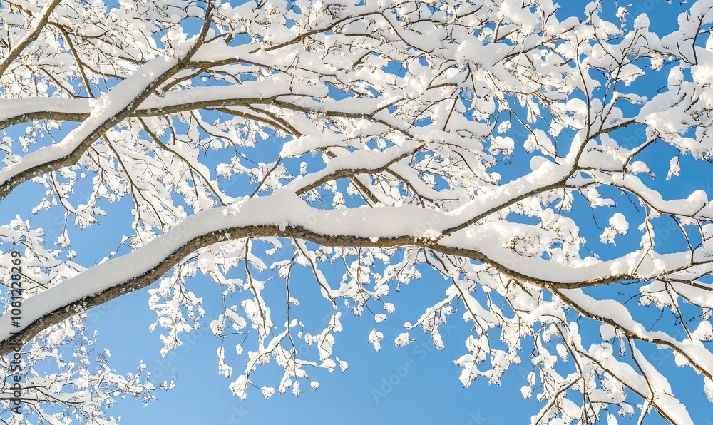 Poster snow-covered tree branches forming sharp, angular lines against a clear winter sky, creating a natur