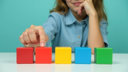 A girl's hand gently touches a row of colorful blocks, representing the diverse aspects of life with autism. Concept of autism rights movement. World Autism Awareness Day