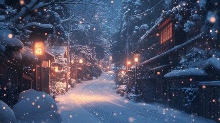 A serene winter night in a snow-covered village with glowing lanterns.