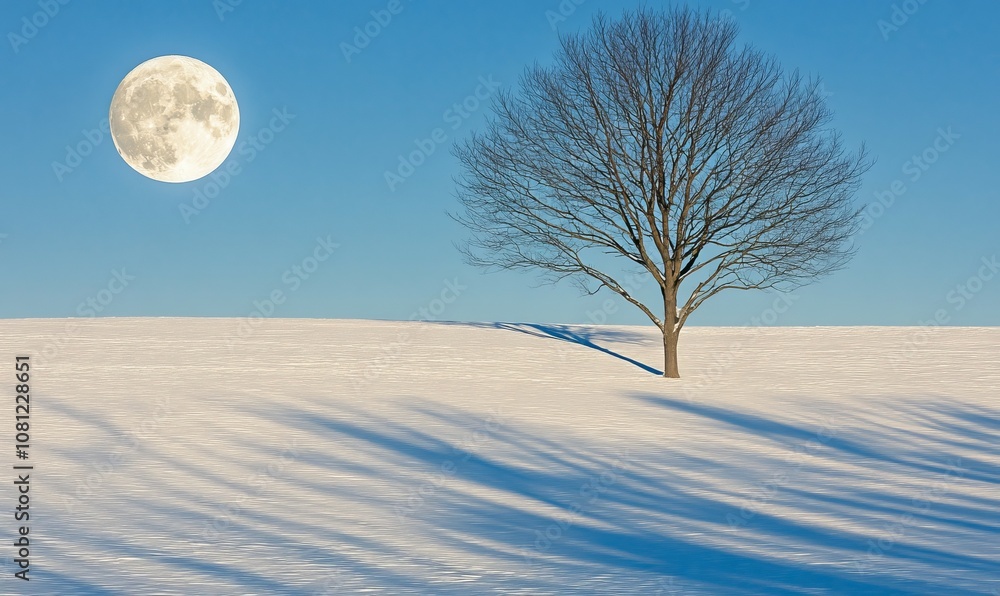 Aufkleber snow-covered field with a lone tree under a full moon, with the tree casting a long shadow on the un
